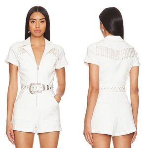 Show Me Your Mumu Outlaw Romper White Rhinestone Fringe Denim